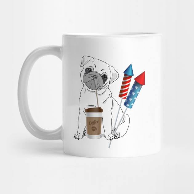 Pug Drinking Coffee with Fireworks by dcohea